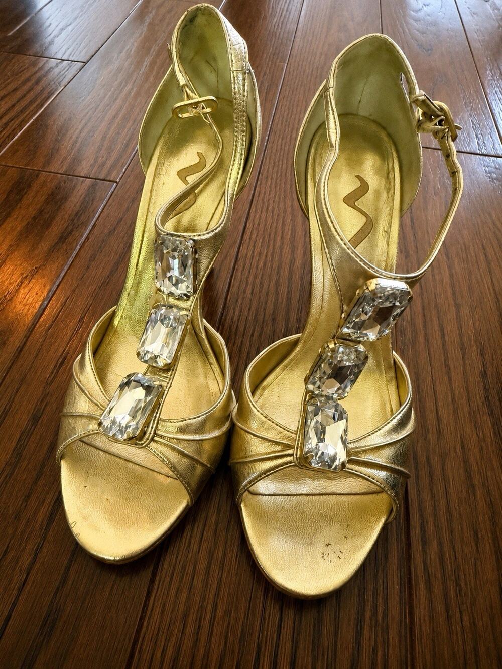 Nina Gold Metallic Crystal Embellished T-Strap High Heels Women’s EU 35.5 US 5.5